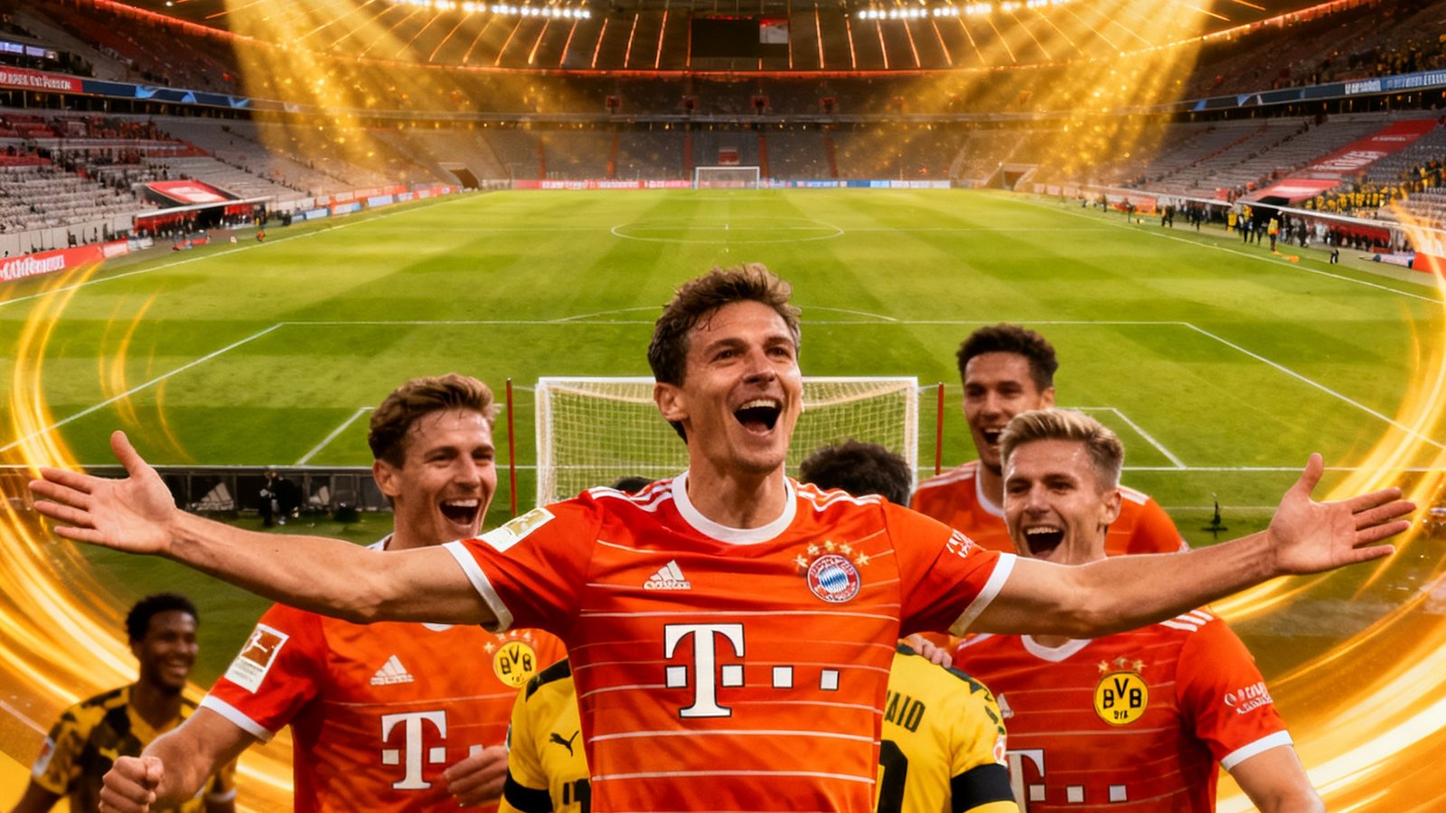 拜仁慕尼黑对阵多特蒙德比赛集锦封面，展现安联球场全景和球员庆祝进球的画面