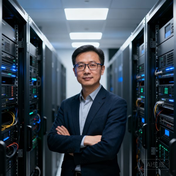 球探体育CTO林晓东，戴着眼镜的技术专家在服务器机房前拍摄的专业照片